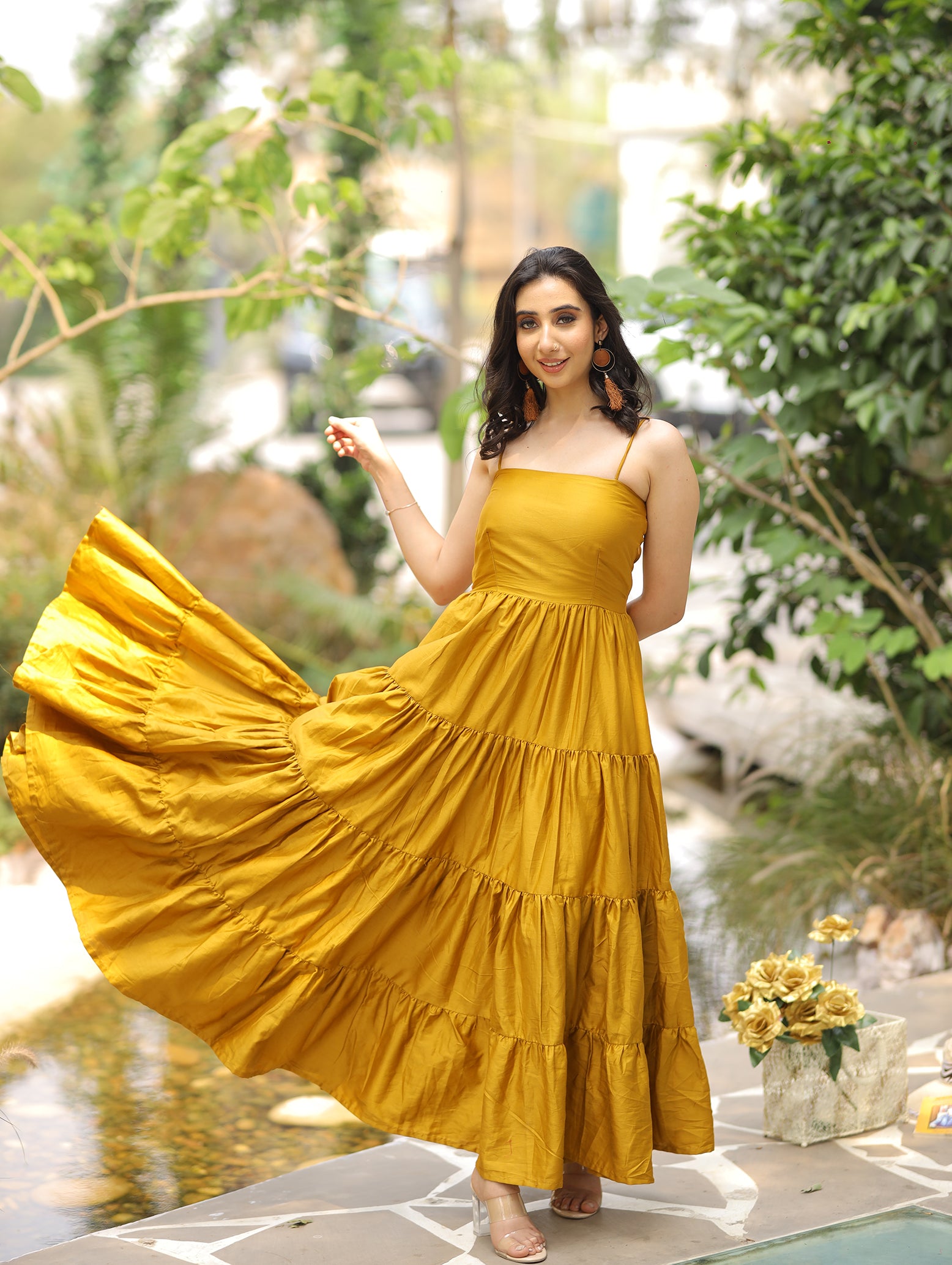 Mustard yellow fashion dress maxi