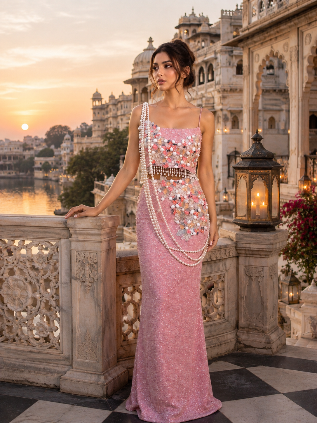 Blush Pink Pearl Pallu with Embellished Top and Skirt