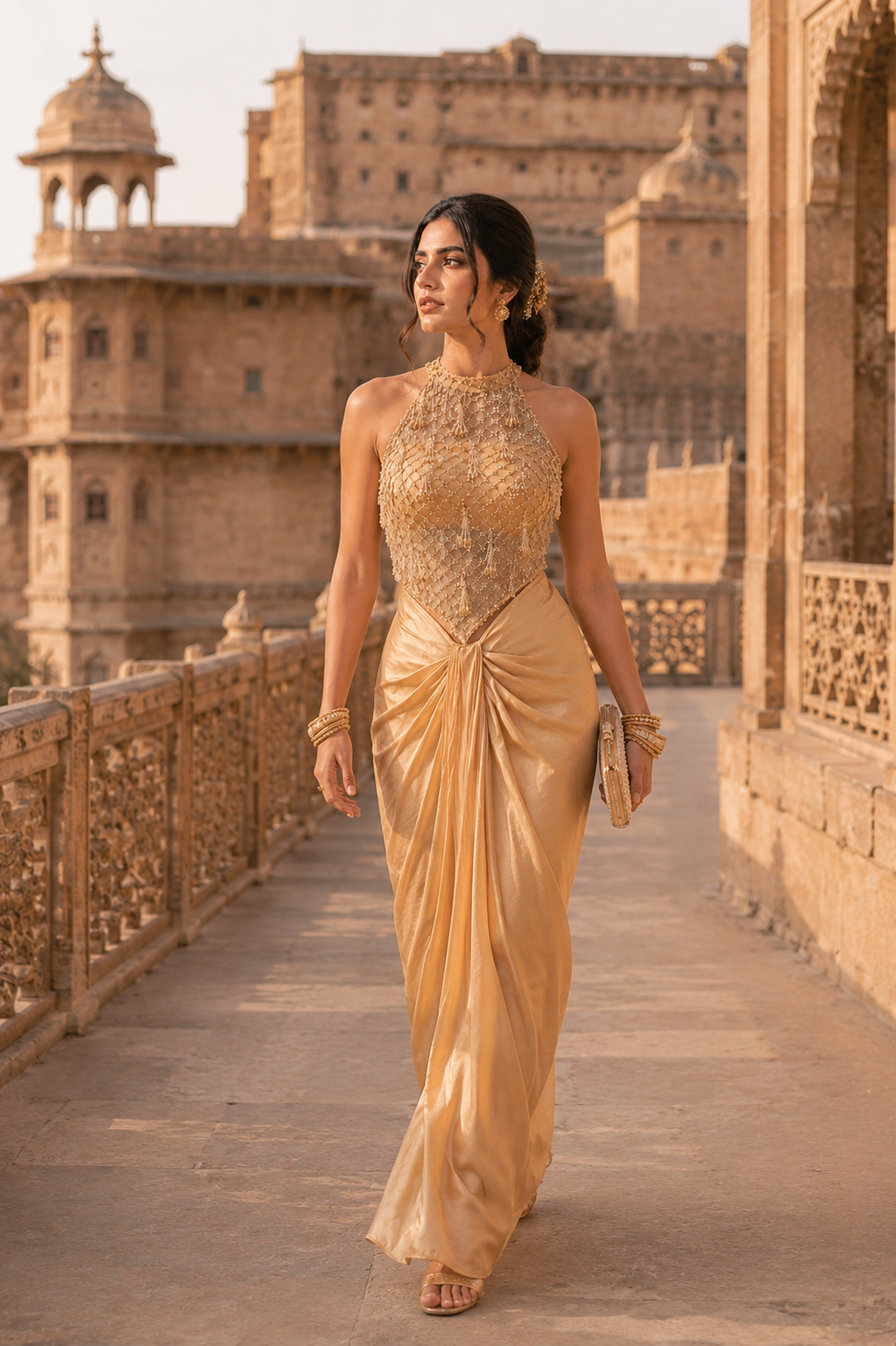 Champagne Gold Embellished Halter Neck Top with Cowl Skirt