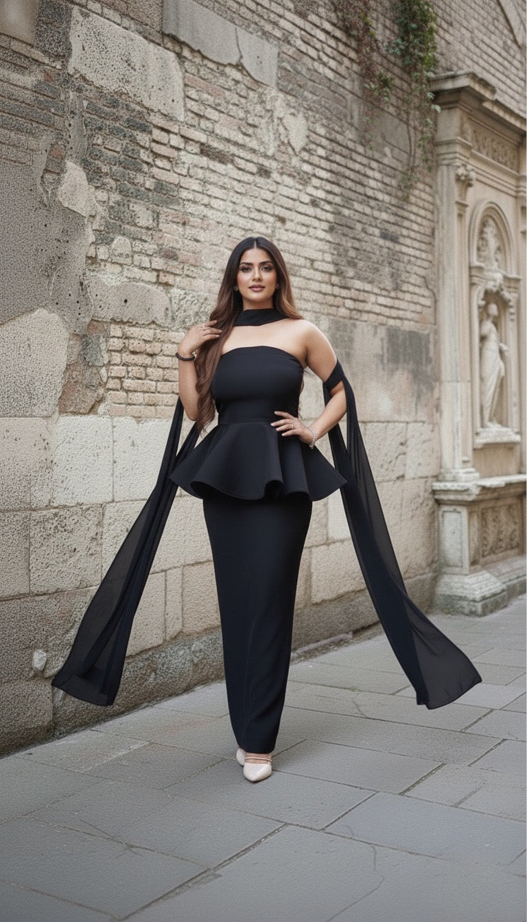 Off Shoulder Peplum with Skirt and Duppatta