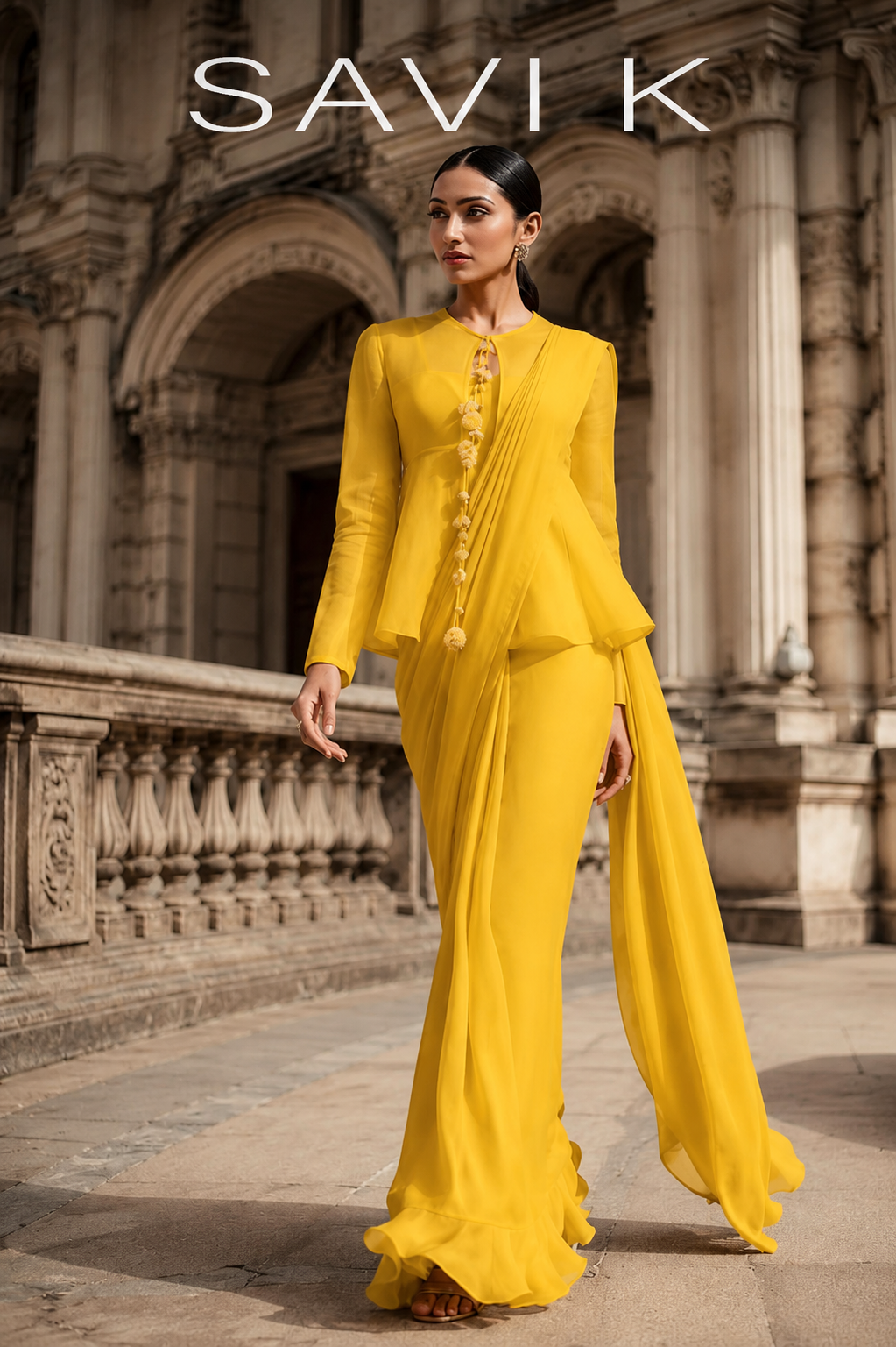 Yellow Peplum Shirt With Drape Saree
