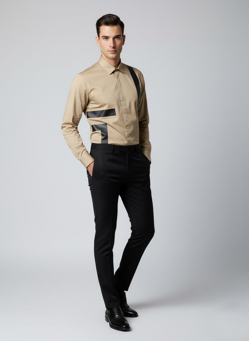 Black Leather Cutouts Beige Shirt