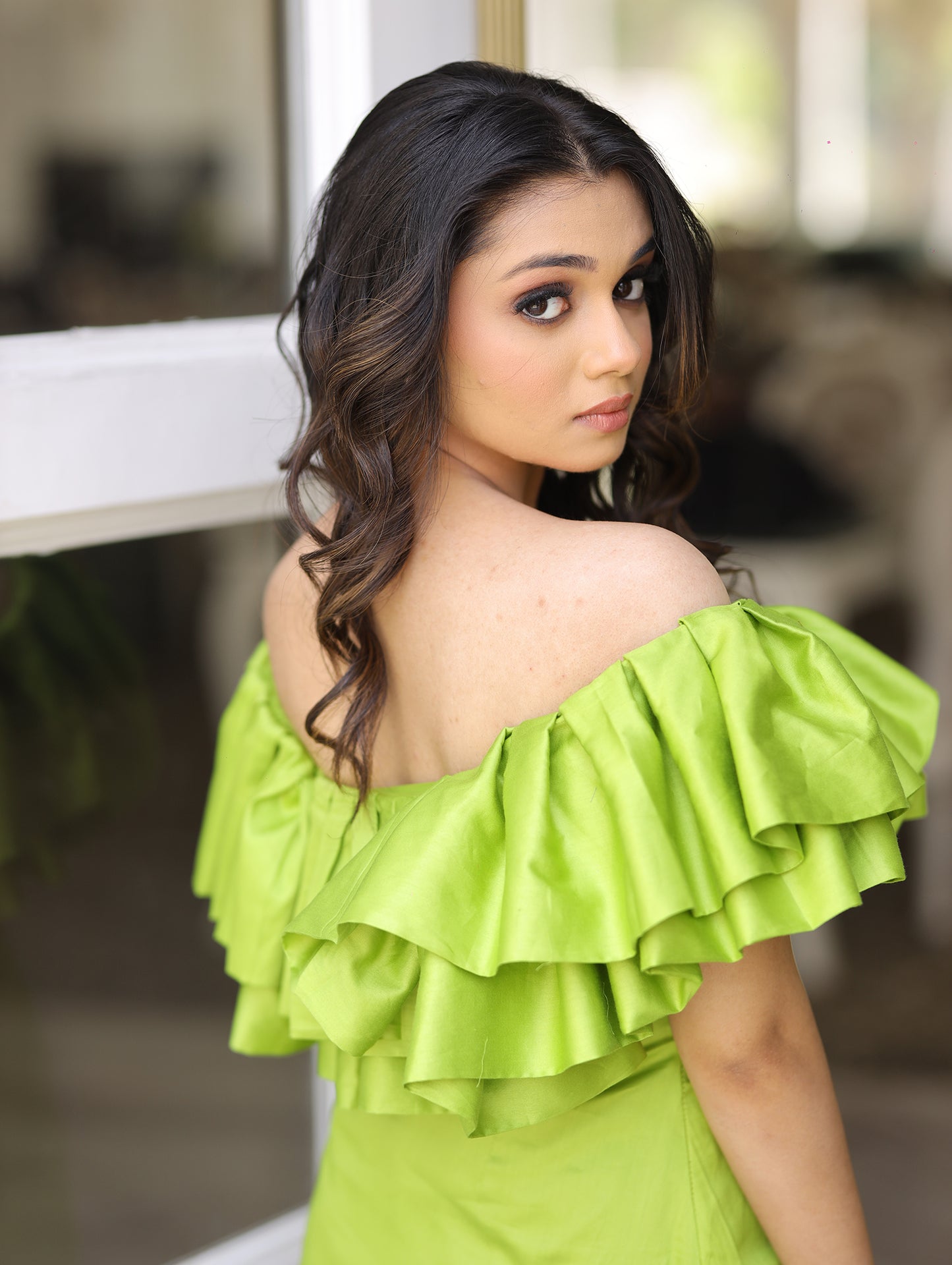 Parrot Green Off Shoulder Frill Dress