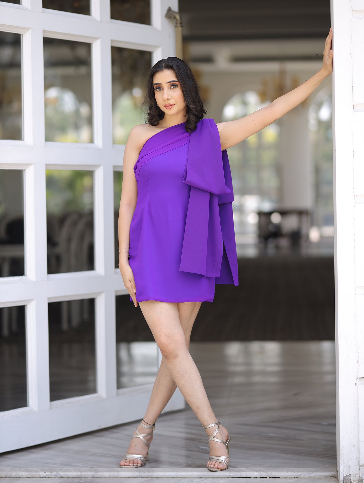 Purple Knotted Shoulder Short Dress