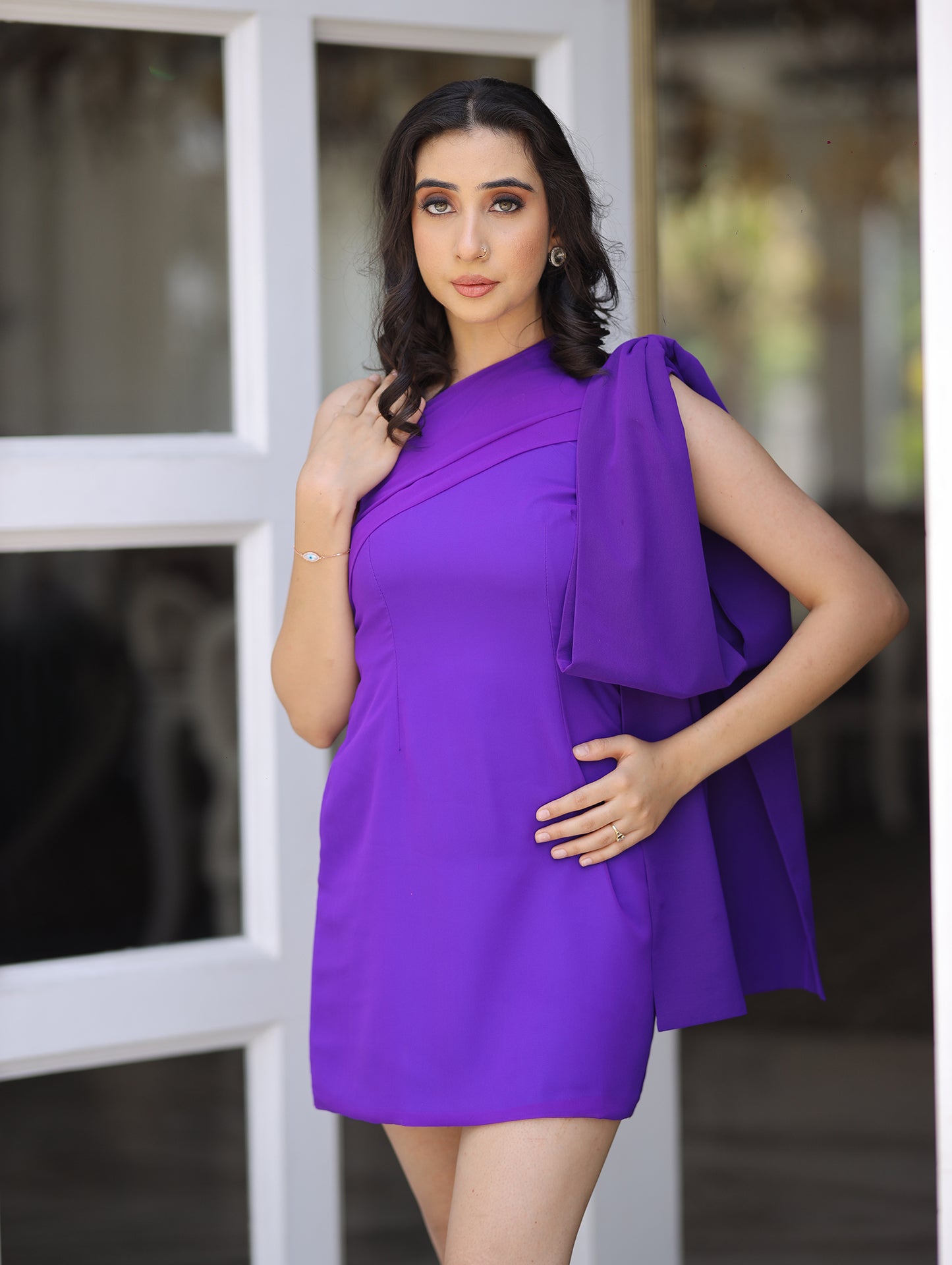 Purple Knotted Shoulder Short Dress