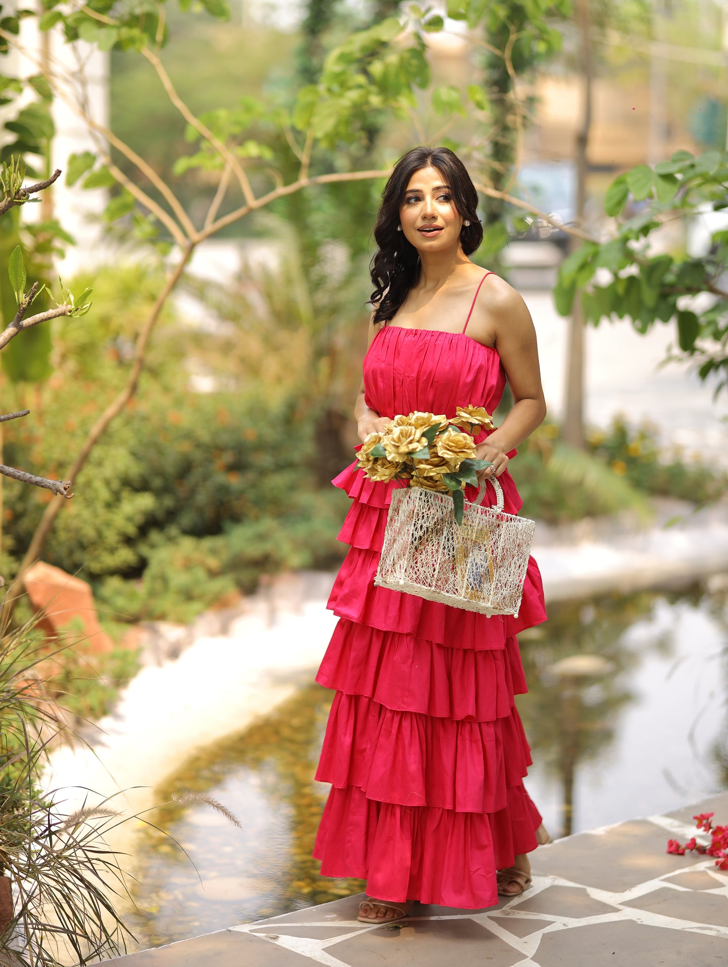 Hot Pink Frill Maxi Dress