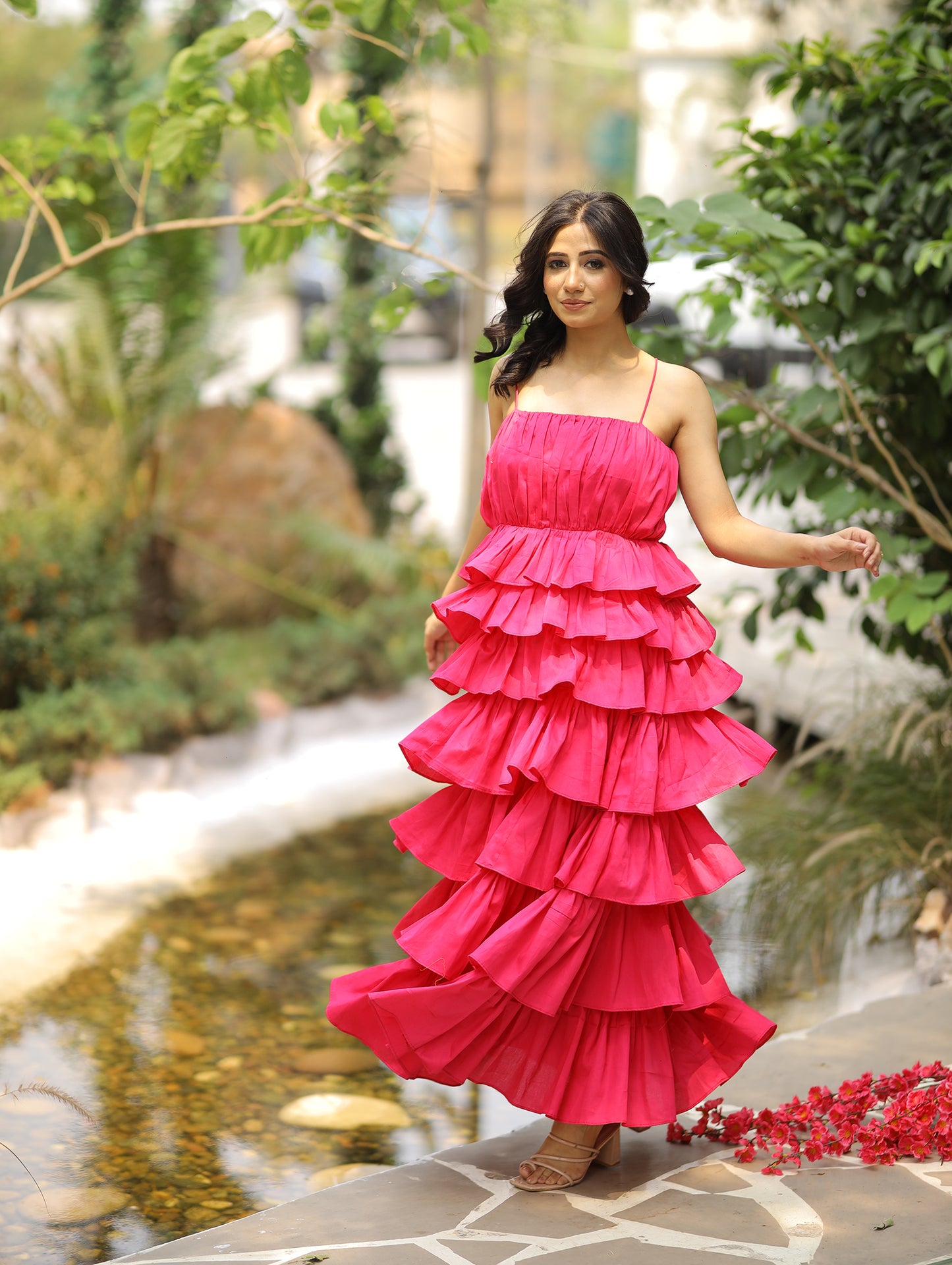 Hot Pink Frill Maxi Dress