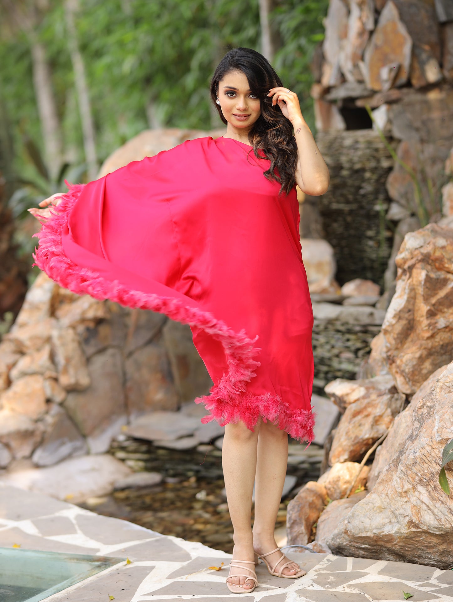 Hot Pink Short Kaftan Fur Dress