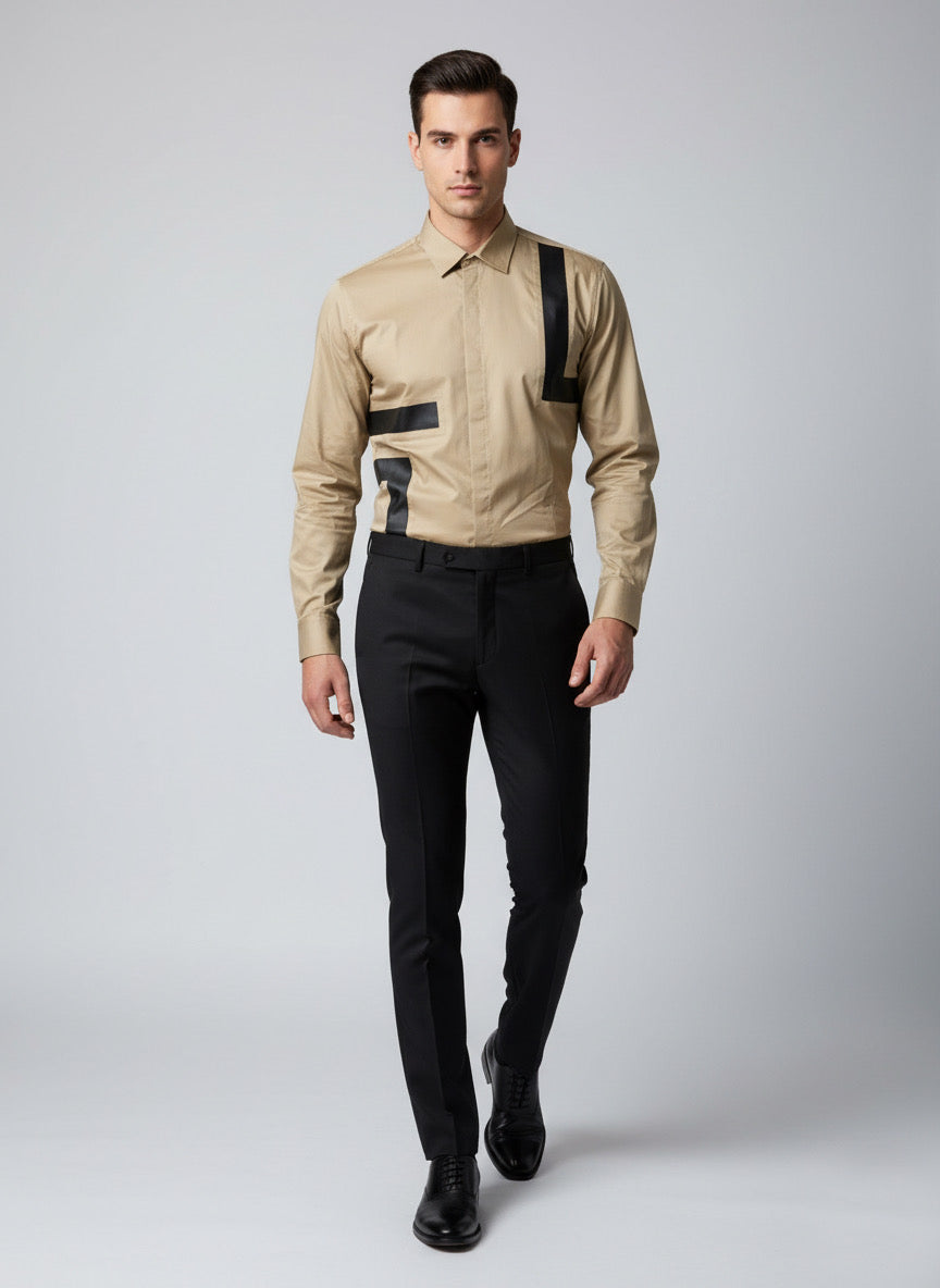 Black Leather Cutouts Beige Shirt