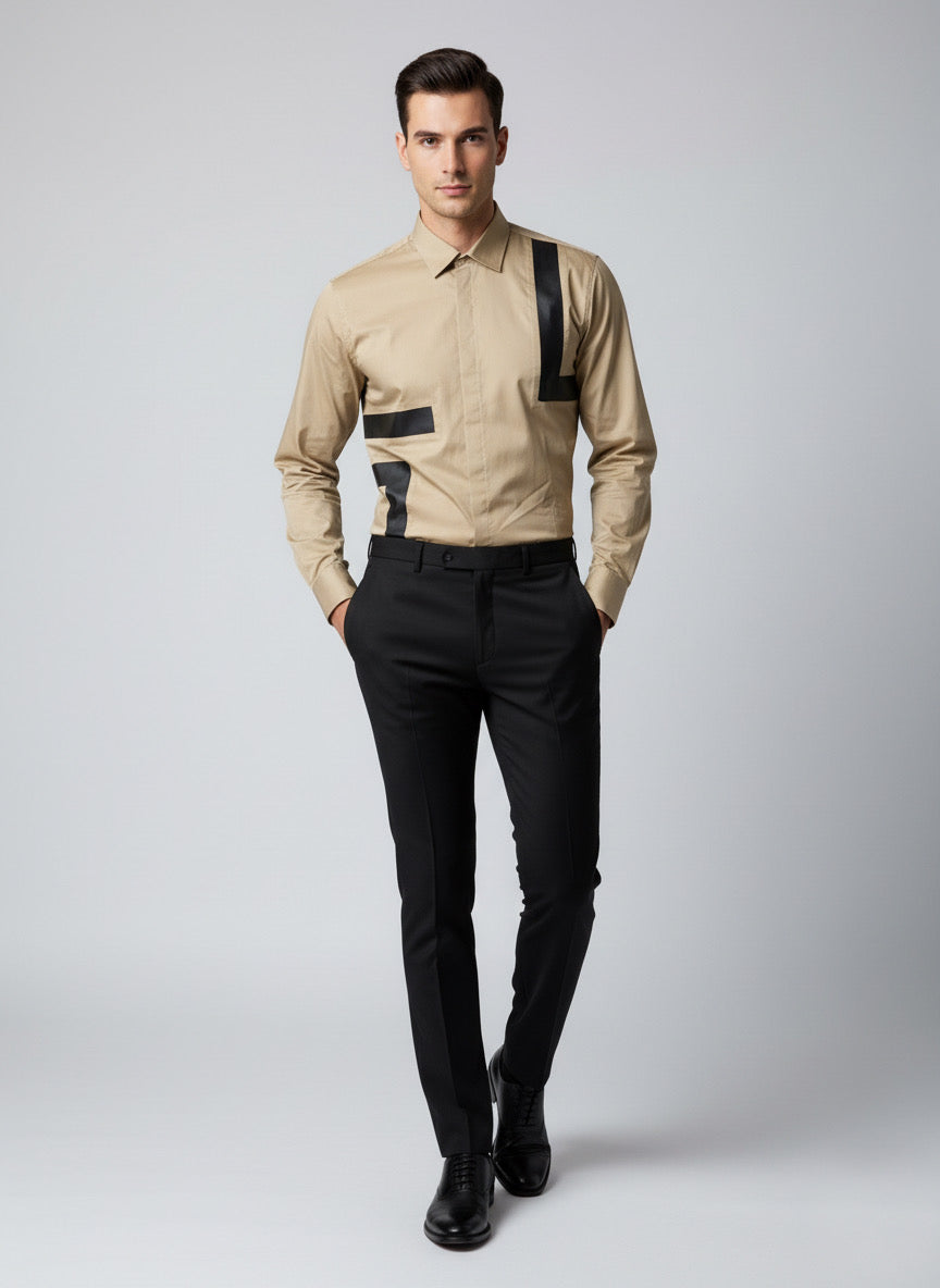 Black Leather Cutouts Beige Shirt