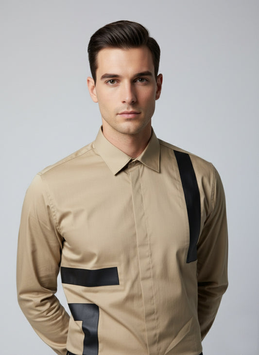Black Leather Cutouts Beige Shirt