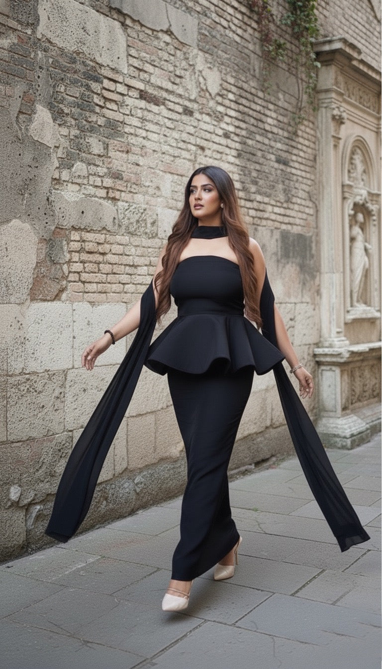 Off Shoulder Peplum with Skirt and Duppatta