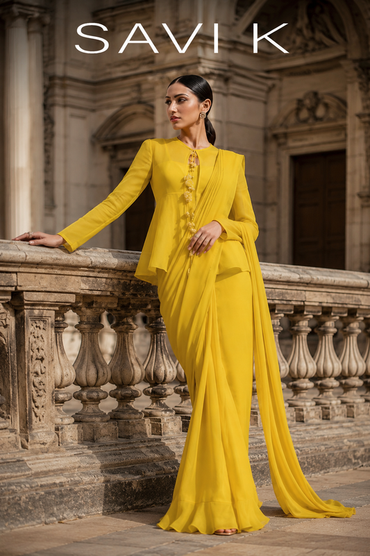 Yellow Peplum Shirt With Drape Saree