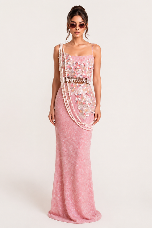 Blush Pink Pearl Pallu Skirt with Crop Top