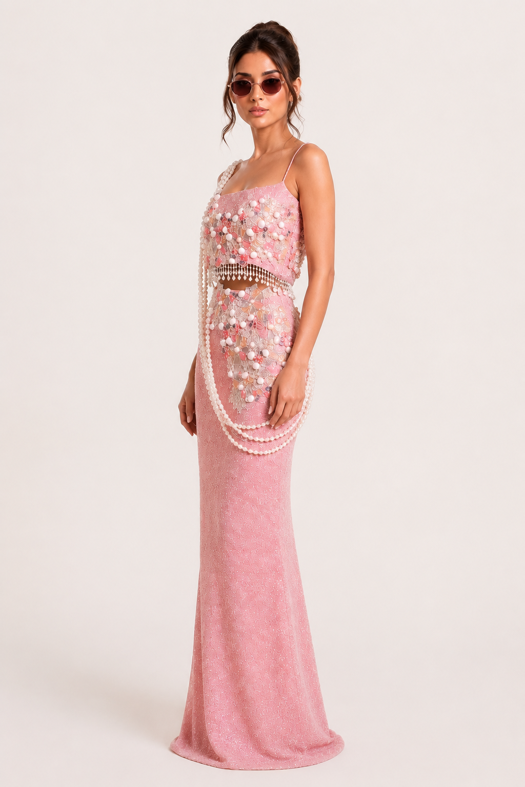 Blush Pink Pearl Pallu Skirt with Crop Top