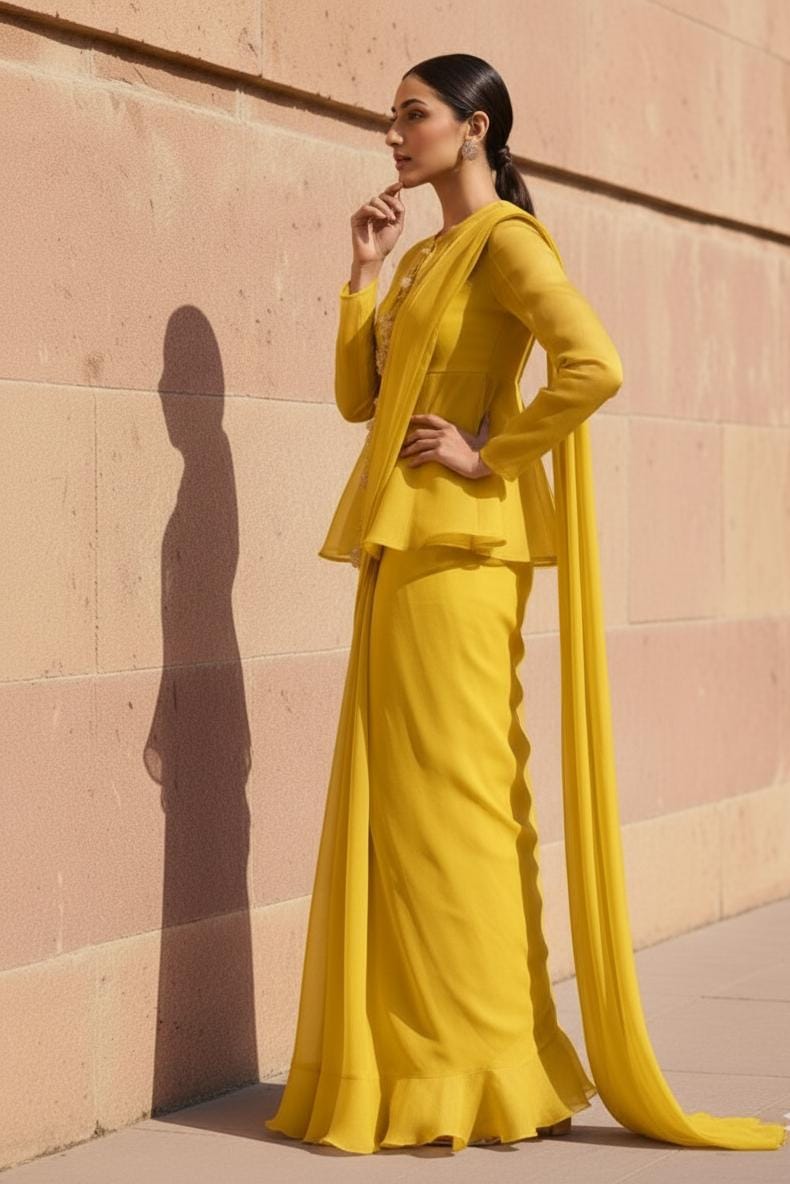 Yellow Peplum Shirt With Drape Saree