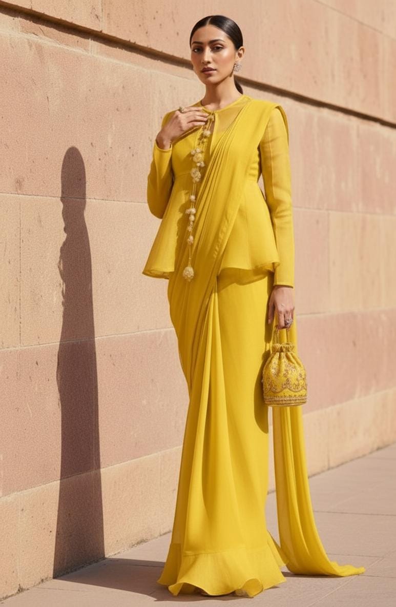 Yellow Peplum Shirt With Drape Saree