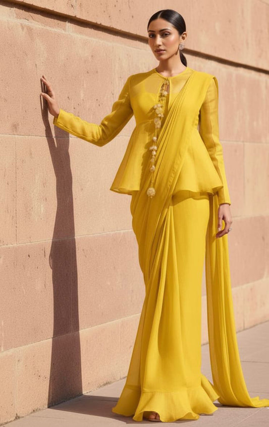 Yellow Peplum Shirt With Drape Saree